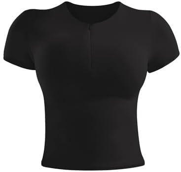 ZAAYO Sportshirt Damen Gym Top Sport Oberteil Yoga Crop Top Funktionsshirt Damen Laufshirt Kurzarm Oberteil Mit Halbem ReißVerschluss Schwarz XL