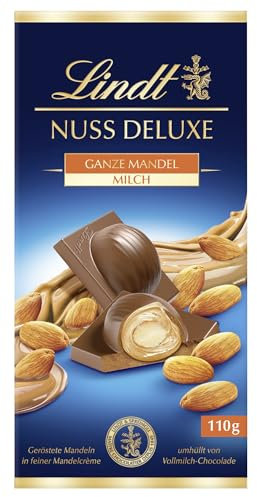 Lindt Schokolade NUSS DELUXE Vollmilch Mandel| 110g Tafel | Geröstete Mandeln in feiner Mandelcrème umhüllt von feinschmelzender Vollmilch-Schokolade | Schokoladentafel | Schokoladengeschenk