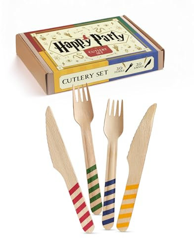 Disposable Wooden Cutlery Set 'Happy Party' - 20x Forks and Knives in School of Witchcraft and Wizardry House Colors - 40 Tableware Utensils, HP Party Supplies, Christmas Decorations, Birthday Favours