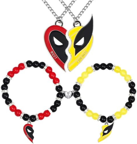 4 Pcs Best Friends Necklace Bracelet Set Half Heart Deed Heros Best Friend Metal Fashion Pendants Bracelet Superhero Patterns Ornament Love BFF Jewelry Gift for Men Women Boys Girl