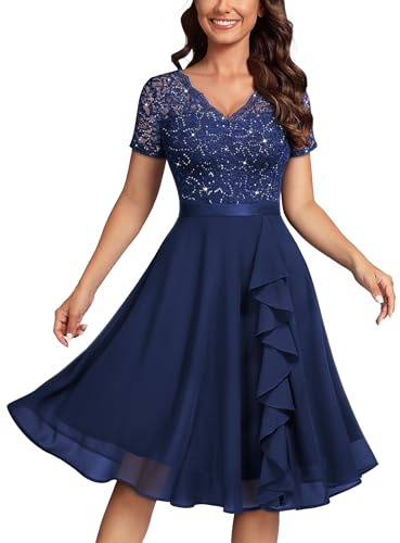 MISSMAY Women's Vintage Floral Lace Sequin V-Neck Ruffle Cocktail Party Formal Fit and Flare Swing Dress