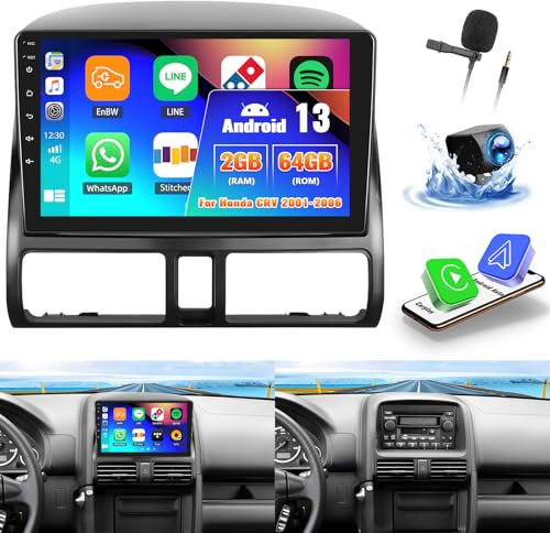OiLiehu 2G+64G Android 13 Radio de Coche 2din Carplay Android Auto para Honda CRV 2001-2006 Pantalla Radio Coche 9 Pulgadas con Mirror Link/EQ/Bluetooth/SWC/FM RDS/WiFi/GPS/Cámara