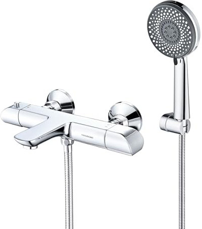 YAHUIHOME Badewannenarmatur mit Handbrause, Badewannenarmatur Chrom mit Verbrühungsschutz 38 °C, Wannenarmatur Thermostat, Armatur Badewanne Mischbatterie mit Brause 6 Funktionen, 1.5M Duschschlauch