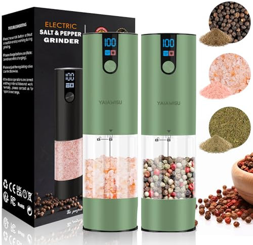 Salz und Pfeffermühlen Elektrisch 2er Set (LED-Display, Wiederaufladbar, Einstellbare Rauheit Keramikmahlwerk, 120ml große Kapazität) Gewürzmühle Elektrisch (Kautschuk Oberfläche - Grün)