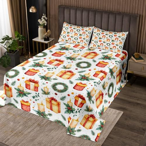 feelingyou Aquarell Weihnachtsbettdecke L Größe, Cartoon Floral Kranz Quilt Set mit 2 Kissenbezügen, Retro Kerzen Blätter Pflanze Urlaub Mikrofaser Coverlet Set für Kinder, Atmungsaktiv