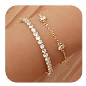 2 Stück Armband Damen Silber Edelstahl Armbänder - 14K Weißgold Gefülltes Elastische Zirkonia Tennisarmband Verstellbare Herz Armkette Armbänder Schmuck für Frauen Mädchen Freund Weihnachtsgeschenke