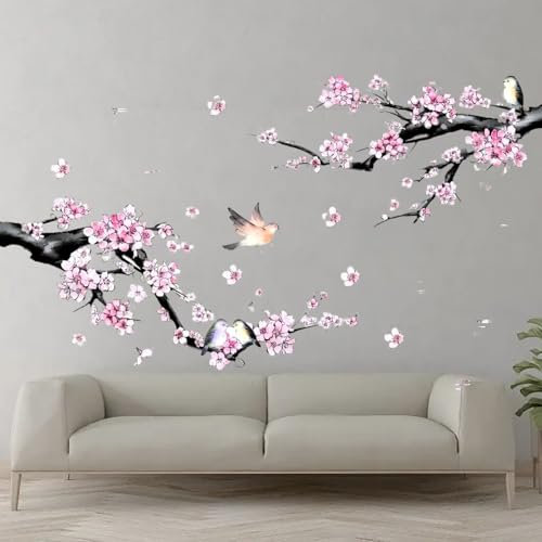 Wandtattoo Kirschblüte Rosa Baum Ast Groß Wandaufkleber Hängende Blumen Blüten Vögel Wandsticker Wanddeko für Wohnzimmer Schlafzimmer Sofa Hintergrund,für Wohnzimmer Schlafzimmer Badezimmer Boho