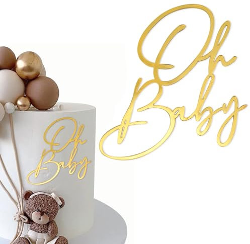 LunarCharm Oh Baby Cake Topper Gold Acryl, Kuchen Topper Babyparty Tortendeko, Windeltorte Gender Reveal Partydeko Kuchenaufsatz für Baby Shower