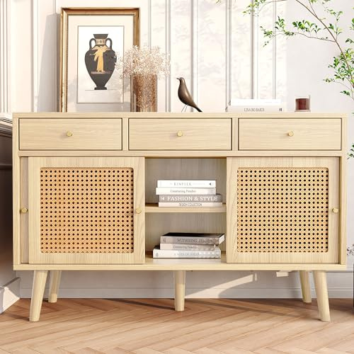 Merax Sideboard, Kommode mit 3 Schubladen und 3 Schiebetüren, Rattangeflecht auf den Türfronten, Beine aus massivem Holz, Golden Metall Bügelgriff,verstellbare Ablagen,120x 40x78cm/Eiche
