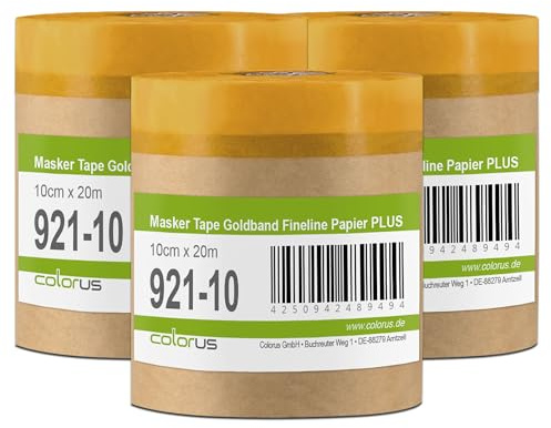 Colorus Abdeckpapier mit Klebeband 3er Set 10 cm x 20 m Goldband | Feinkanten-Masker-Tape zum Lackieren und Sprühen – schmale Papierbahn für Möbel, Leisten und den Innenbereich