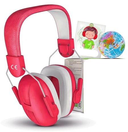 SPHERE NATURE Cuffie Antirumore Bambini Rosse – Riduzione Rumore 26dB | Protezione Udito EN 352 | con Ebook Educativo + Pallina Antistress Mondo | Isolanti per Concerti, Scuola, Viaggi