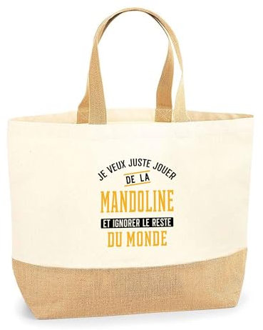 Sac Jute Jouer de la Mandoline et Ignorer le Monde | Cabas de Plage Courses Coton et Toile de Jute | Idée Cadeau Musicien Humour Instrument Musique Original Drôle Mélodie Artiste