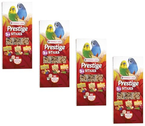 Versele-Laga Prestige Sticks Kleinsittiche Triple Variety | 4er Pack | 4 x 90 g | Knabbersnack für kleine Sittiche | Früchte & Blüten, Gemüse & Löwenzahn sowie Ei & Thymian