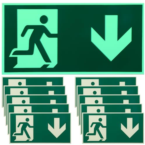 GOMETY Notausgangsschild: 10 Stück 30x15 cm Selbstklebend, Langnachleuchtendes Fluchtwegschild für Notausgang (Pfeil Unten)