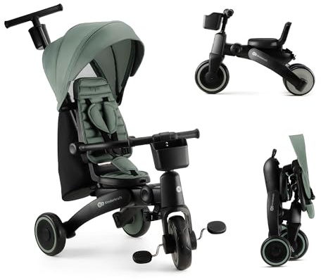 Kinderkraft Jazz 2, 6-IN-1-DREIRAD MIT LAUFRADFUNKTION, Kinder Fahrrad, Kinderwagen, Klappbar mit Zubehör, UPF50+ UV-Schutz, von 9 Monaten bis 5 Jahren an, Grün