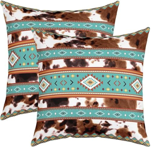 Manfei Kuh Pelz Print Wurf Kissenbezüge Pack von 2,Western Aztek gestreifte Kissenbezug für Kinder Teens Erwachsenes Bett Sofa Dekor, Vintage Tribal Stil Kissenbezüge, 40x40 cm
