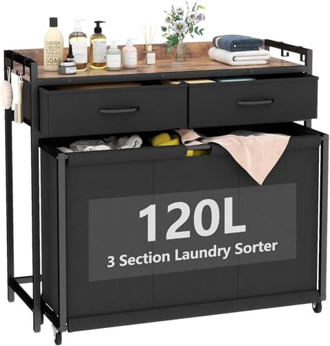 Laundry Basket with 3 Compartments, Laundry Hamper Sorter Cart with Shelf， Laundry Sorter for Organization and Storage with 2 Pull-Out Drawers for Laundry Room, Bathroom, Bedroom Use