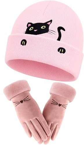 Geyoga Damen Warme Wintermütze mit Süßen Katzenohren und Warme Handschuhen Set Strickmütze Gehäkelte Geflochtene Mütze und Handschuhe für Frauen Weihnachten Valentinstag(Rosa,Eleganter Stil)
