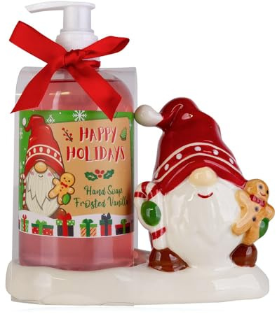 Seifenspender Gnome Wichtel 350 ml mit festlicher Keramikhalterung- Flüssigseife im Pumpspender, Duft Frosted Vanilla, Seife Winter Schnee, Handseife Weihnachten, Wichtelgeschenk