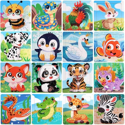 16 Pack Small Jigsaw Puzzles for Toddlers 3-6, 9 Piece Animal Wooden Puzzles for Kids, Children Learning Educational Puzzles Toys for Boys Girls (Pand & Dog Style)