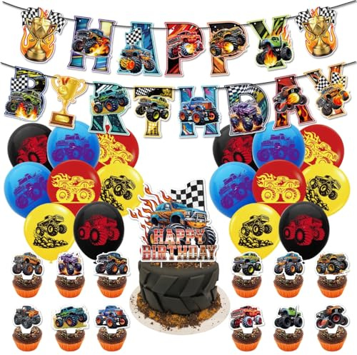 Party decoration Monster Truck Birthday Party Decorations Happy Birthday Banner Cake Topper Balloons for Themed Party Supplies