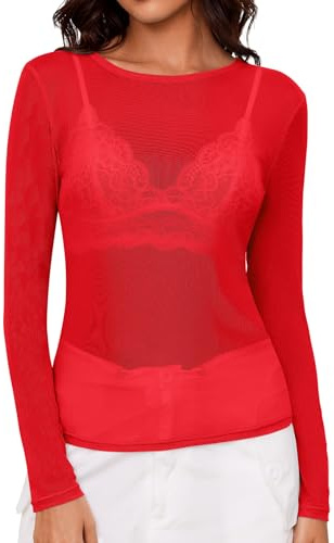 IECCP Women Mesh Tops Sexy Lace Top Sheer Tight Long Sleeve Blouse See Through T-Shirt for Party Club Going Out Tops Red S