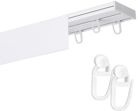 Fenster DEKOR Gardinenschiene mit Blende 2-läufig – PVC Vorhangschiene zur Deckenmontage, Deckenschiene für Vorhänge, Weiß, mit Haken mit Rolle, 180 cm