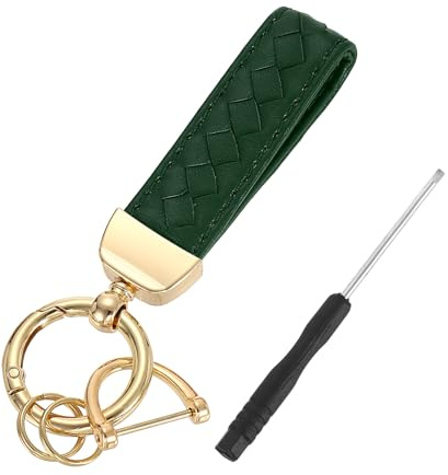 QUARKZMAN Porte-clés en cuir pour voiture avec anneau en D anti-perte vert | Porte-clés universel, et anneau doré, pour Porte-clés pour femmes hommes