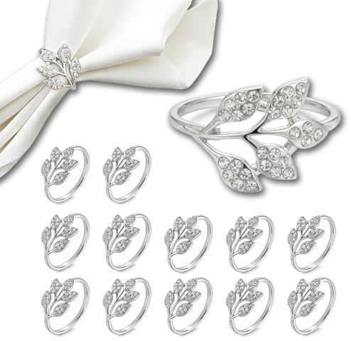 WWYSSZ 12 Stück Serviettenschnallen Blätter Serviettenringe Silber | Elegante Metall Serviettenring, Silvery Napkin Rings für Weihnachten Hochzeitsfeier Jubiläum Abendessen Tischdekoration