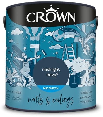 Crown WALLS & CEILINGS Navy Blue Kitchen & Bathroom Paint, Mid Sheen 2.5L | Wipeable Midnight Navy, scuff resistant mid sheen. Durable on walls & ceilings. Condensation resistant. Low VOC & low odour