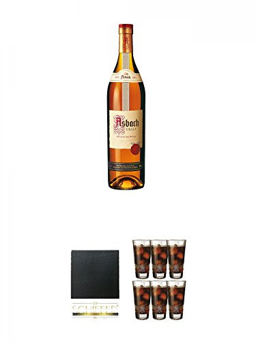 Asbach Uralt klassischer deutscher Weinbrand 1,0 Liter + Schiefer Glasuntersetzer eckig ca. 9,5 cm Durchmesser + Asbach Cola Gläser 6er Karton