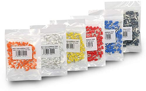 Aderendhülsen isoliert Aderendhülse 600x 100x Orange, 100x Weiss, 100x Gelb, 100x Rot, 100x Blau, 100x Grau 0,5-4 mm² zum crimpen Crimpzange Press Stecker Hülse kfz Draht Elektro Kabelschuhe ARLI