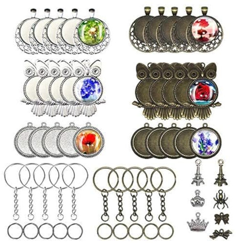 Allazone 30 Stück Eule Anhänger Tablett mit Glas Cabochon Retro Glaskuppel Bastelset 25mm, 10 Stück Anhängerschnalle für DIY Souvenir Bild Medaillon Halskette Geschenk Schmuckherstellung