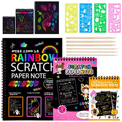 MELLIEX 3 Stück Kratzbilder Notizbuch Set für Kinder, DIY Kratzpapier Bastelset zum Zeichnen und Basteln mit Zeichnung Lineal und Hölzerner Stift