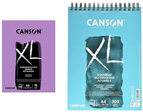 CANSON 297236 XL® Marker, Markerblock, DIN A4, 100 Blatt, 70 g/m² & XL Aquarelle C400039170: Aquarellpapier - Aquarellblock in DIN A4 - 300g - mit Spiralbindung als Ringbuch, Blau