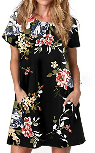 Ancapelion Women's Casual Summer Black Rose Print Short Sleeve Dress Loose T Shirt Tunic Dress with Pockets for Ladies