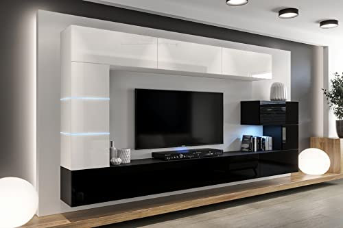 Furnitech Wohnwand Wohnzimmer - Wohnzimmer Möbel mit LED RGB - 16 Farben - Hängend Wohnwand Modern - Wohnzimmer Schrankwand mit Regale und TV Schrank (AN89NEW-21WB-HG3)