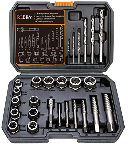 REBRA Screw&Bolt Extractor Set and Left-Hand Drill Bit Set, with Hex Adapter, Easy Out Stripped Screw Remover Socket Set Tool for Stripped, Damaged, Rounded-Off, Rusted Bolts, Nuts&Screws 26-Pieces
