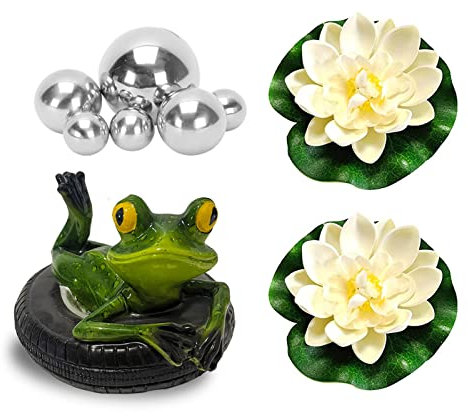 Set mit 9 Miniteich Deko Set Schwimmfrosch mit für Miniteich Terrassenteich Zinkwannen Solarbrunnen Garten Balkon Teiche Deko(1 Rückenschwimmen Frosch、6 Schwimmkugeln und 2 Schwimmend Lotusblüte)