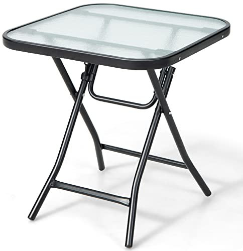 COSTWAY Mesa Cuadrada Plegable para Jardín, Marco Antioxidante, Mesa Plegable con Tapa de Cristal Templado, Mesa Portátil para Patio, 46,5 x 46,5 x 42cm, Balcón, Patio, Piscina, Negro