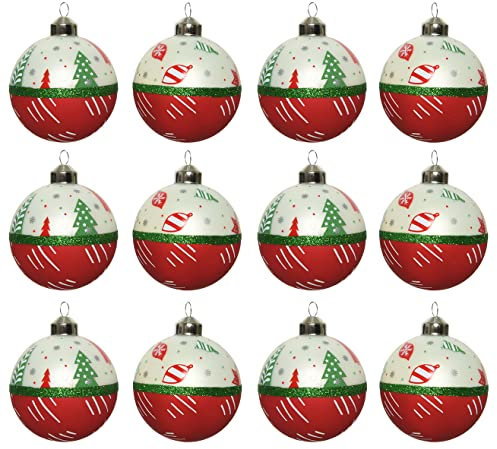 Kaemingk Weihnachtskugeln Glas 8cm x 12 Stück mit festlichem Motiv Muster Christbaumkugeln rot weiß grün