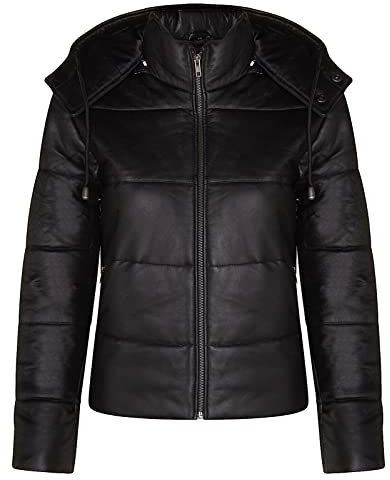 Ladies Puffer Black Leather Bomber MA-1 Varsity Hooded Jacket 2XL