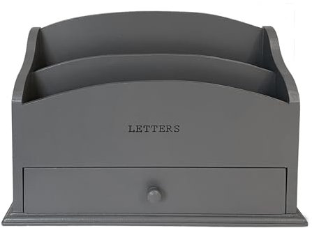 Wooden Letter Rack. Home office, study, hallway study. Two compartments for letters and handy drawer for stationary storage. Vintage/contemporary LETTERS typed text (dark grey)