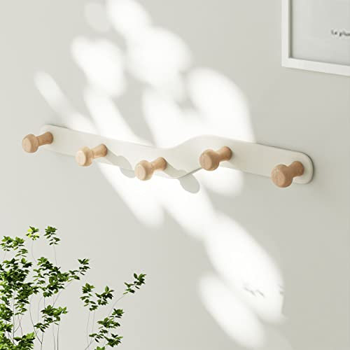 YunNasi Garderobenleiste Kindergarderobe Ohne Bohren Garderobenhaken Wand Kleiderhaken Hakenleiste Cremefarbende für Flur Kinderzimmer Wohnzimmer Schlafzimmer Badezimmer (5 Haken aus Holz-35 * 3cm)