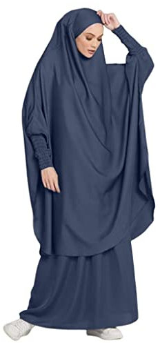 Muslimische Kleider Damen Gebetskleidung für Frauen Khimar 2 Teilig Abaya Damen mit Hijab Set Lose Jilbab Lang Kleid + Gebet Maxi Rock mit Niqab Muslim Gebet Ausstattung Grau