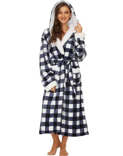 iniber Dressing Gown for Women, Soft Plush Fleece Hooded Bathrobe Plush Loungewear