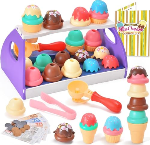 Vamei EIS Spielzeug für Kinder, Eiscreme Eisdielen Spielküche Kinderküche Kaufmannsladen Zubehör mit Spielgeld, Eisdielen Rollenspiel Montessori Spielzeug Geschenk für Kleinkinder Jungen Mädchen