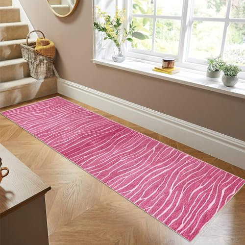 Siunwdiy Teppich Läufer Flur Küche rutschfest Waschbar Rosa Küchenläufer Lang Gestreifter Korridor -Teppichläufer Flurteppich Küchenteppich Meterware Anpassbar,Rosa,80x300cm