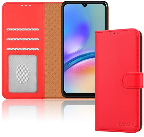 iCatchy for Samsung Galaxy A05S Case Leather Wallet Book Flip Folio Stand View Magnetic Protect RFID Blocking Cover Compatible with Samsung A05s Phone (Red)