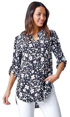 Roman Originals Shirt Top for Women UK Ladies Collarless Blouse Smart Tunic Button Through Longline Asymmetric Hem 3/4 Length Roll Up Sleeves V Neck Going Out - Size 10 - Onyx Ivory